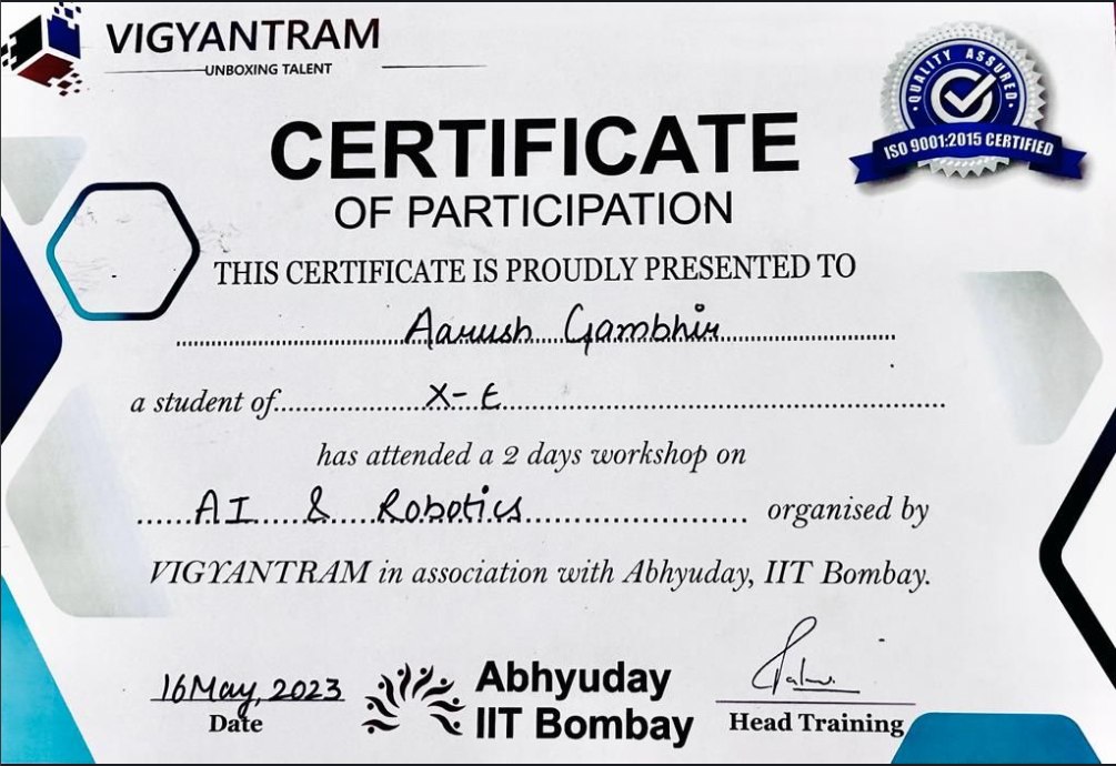 AI and Robotics workshop certificate of participation