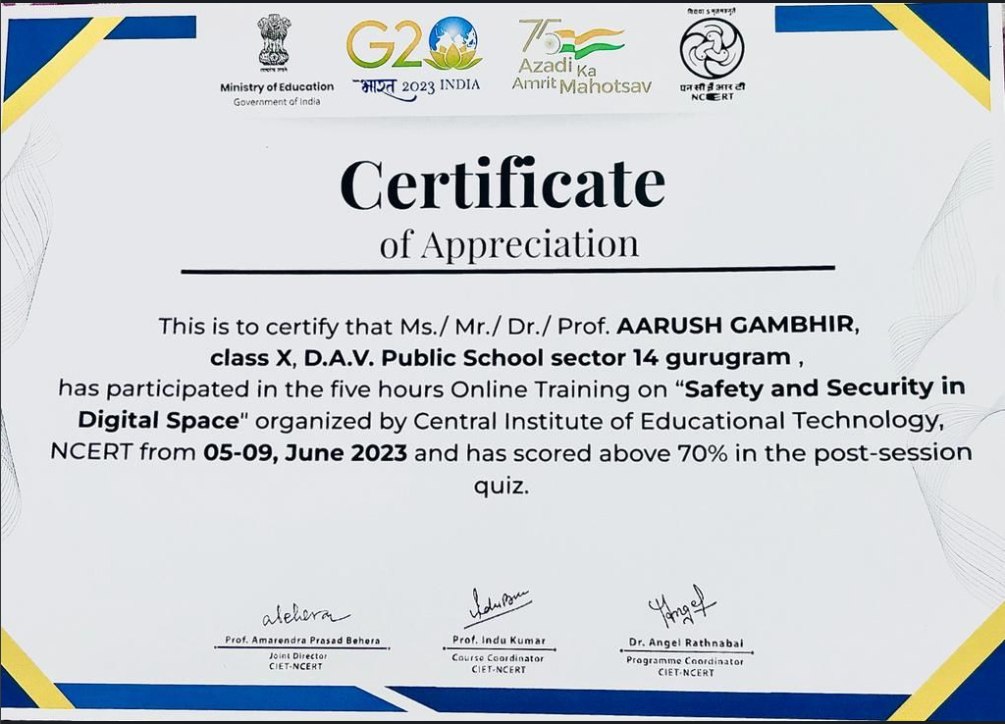 Safety and Security in Digital Space certificate of appreciation