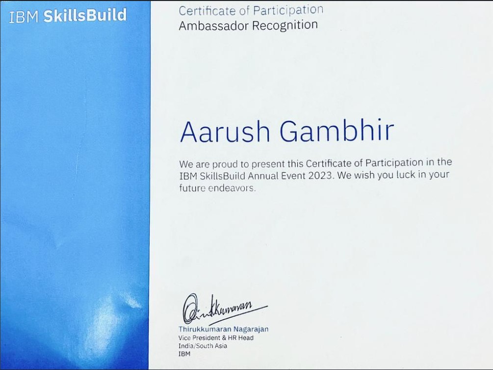 IBM SkillsBuild Ambassador Recognition certificate
