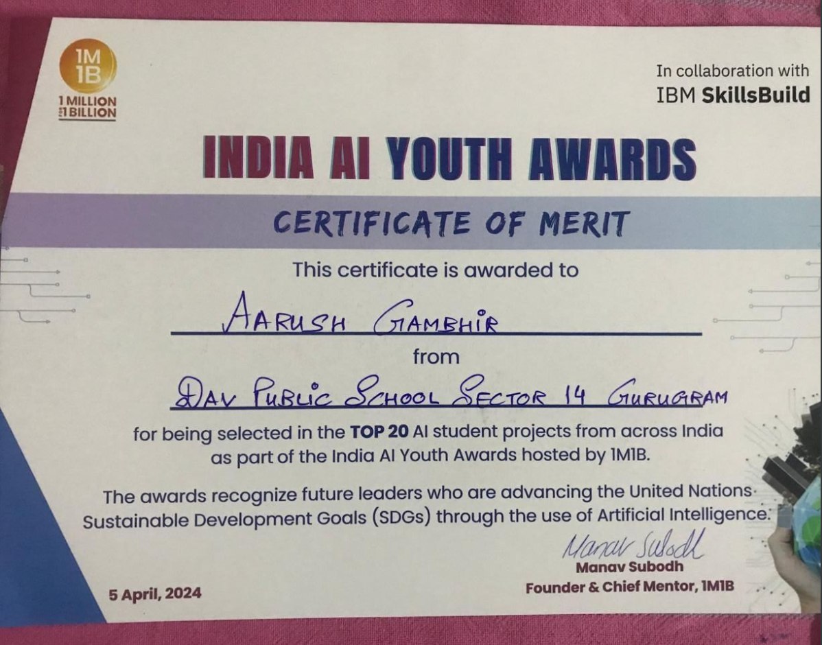 India AI Youth Awards Certificate of Merit naming Aarush Gambhir among the Top 20 AI student projects